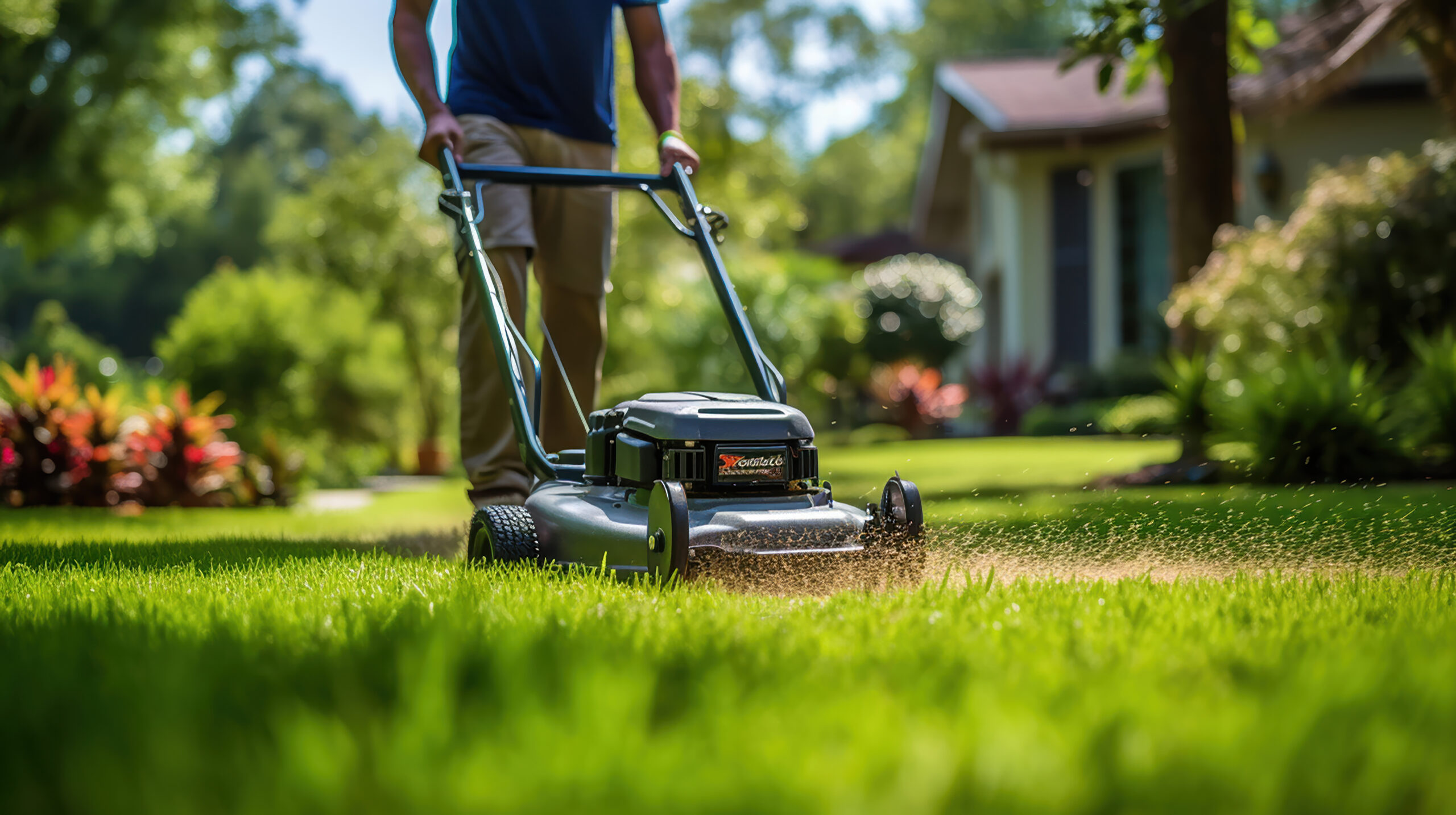 A gardener cuts the grass in a backyard.